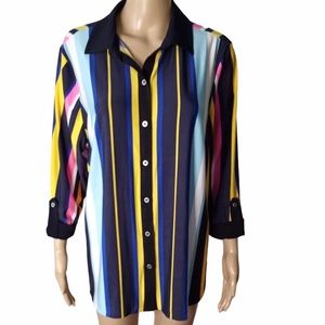 Peter Nygard Striped 3/4 Sleeve Button Up Top Petite